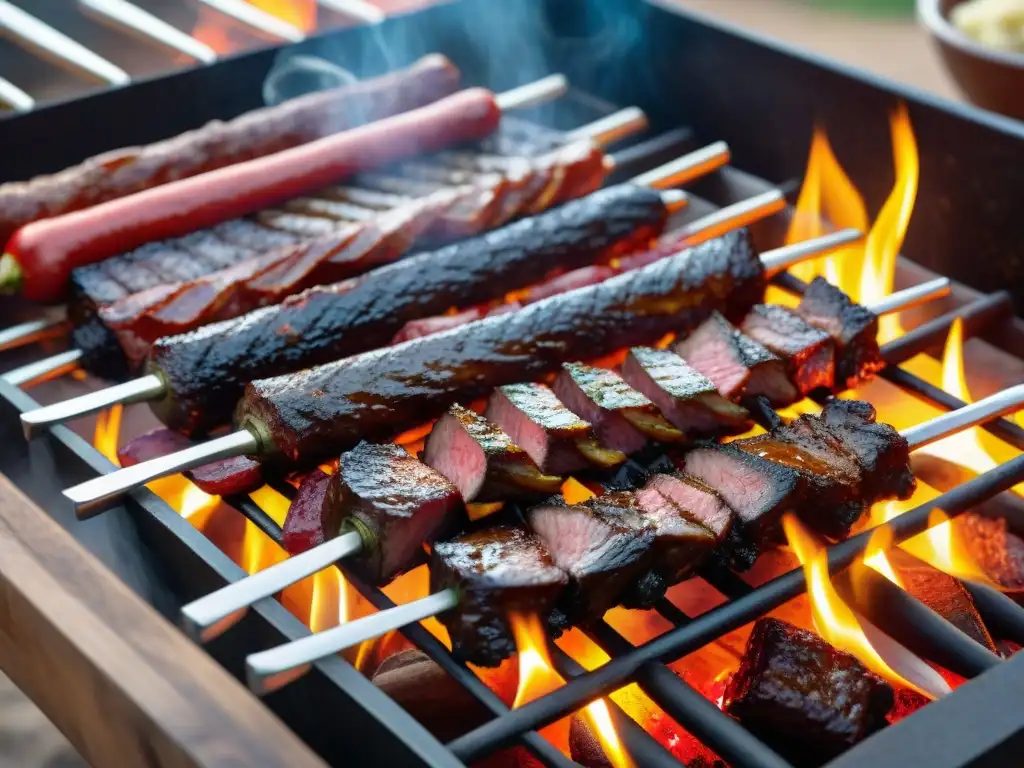 Una parrilla repleta de suculentos cortes de asado uruguayo cocinados a la perfección, rodeada de accesorios gauchos