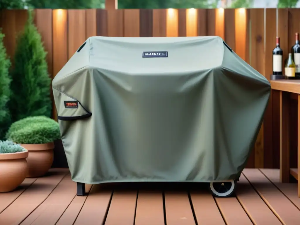 Funda para parrilla resistente: protección duradera y elegante Funda para parrilla resistente protegiendo un diseño moderno bajo la lluvia en un patio elegante