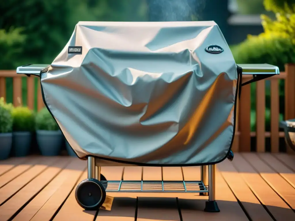 Fundas para parrillas premium: protección contra todo clima Funda para parrilla resistente protegiendo un grill de acero inoxidable bajo la lluvia en un jardín exuberante