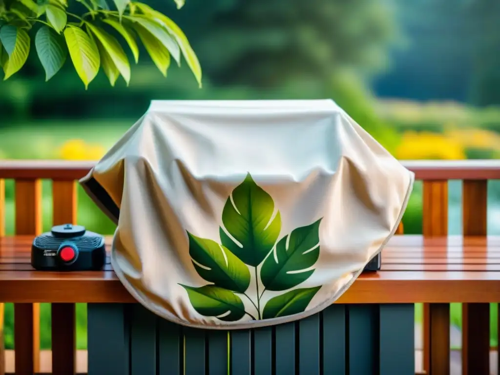 Fundas para Parrillas: Protección Duradera y Estilo Elegante Funda para parrilla resistente protegiendo una parrilla de acero inoxidable bajo la luz del sol en un tranquilo jardín verde