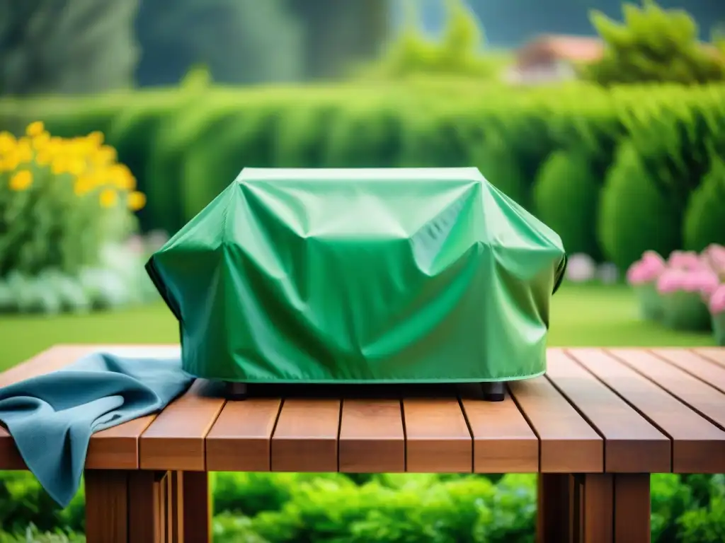 Funda resistente para parrilla: protección y durabilidad en jardín elegante Funda para parrilla resistente protegiendo una parrilla de acero inoxidable bajo el sol en un patio verde exuberante