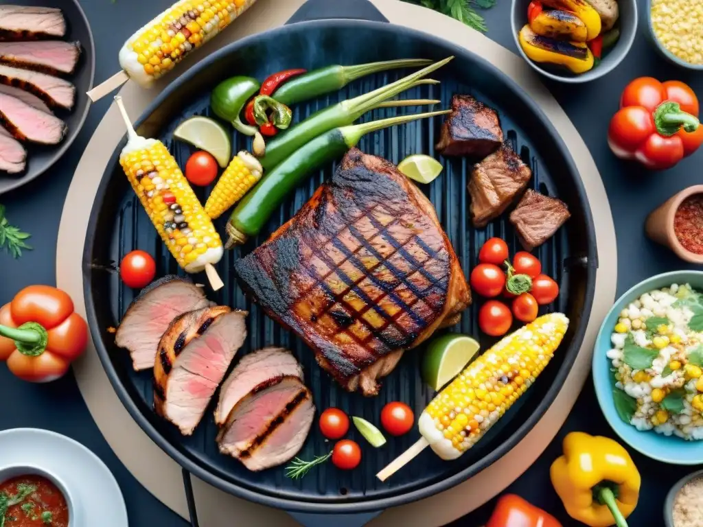 Una parrilla revolucionaria con carnes éticas y vegetales vibrantes asados a la perfección, evocando la Revolución ética parrilla uruguaya