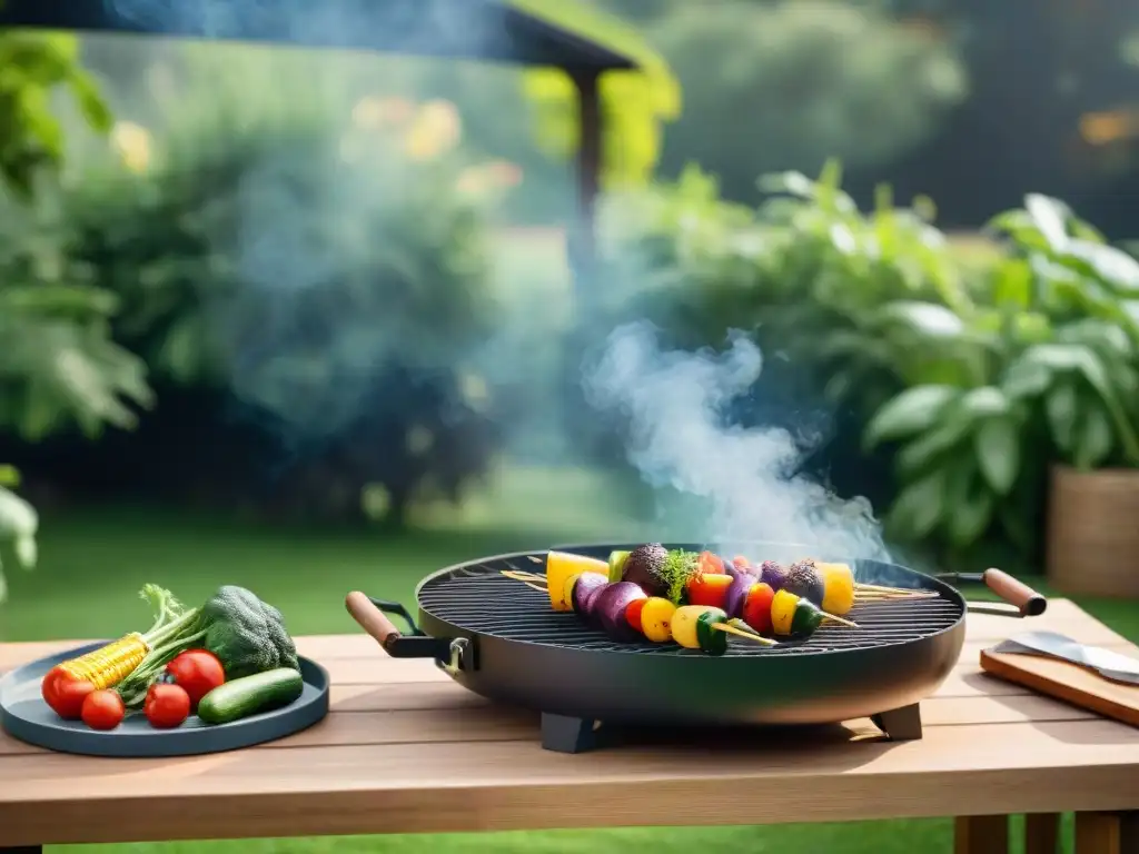 Una parrilla sostenible al aire libre con grill de acero reciclado y madera reutilizada, cocinando alimentos veganos