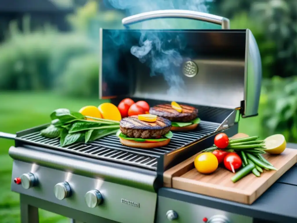 Una parrilla sostenible al aire libre con vegetales y hamburguesas vegetales, en un jardín verde con paneles solares