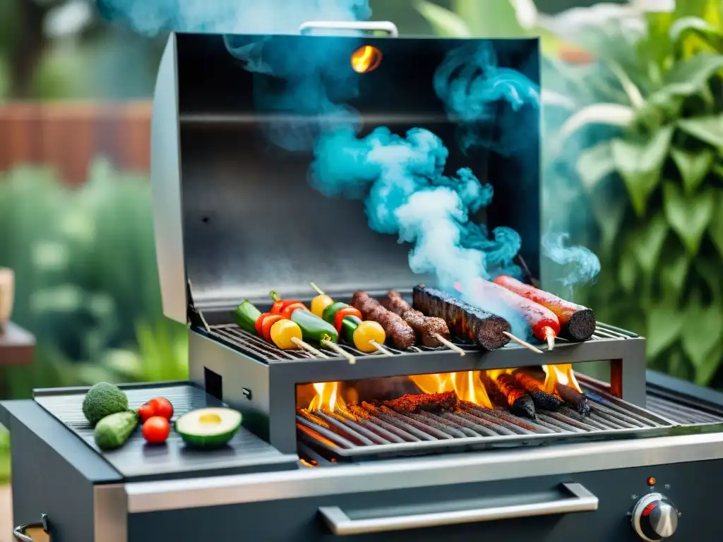 Una parrilla sostenible rodeada de vegetación, amigos felices y técnicas de asado ecológico sostenible