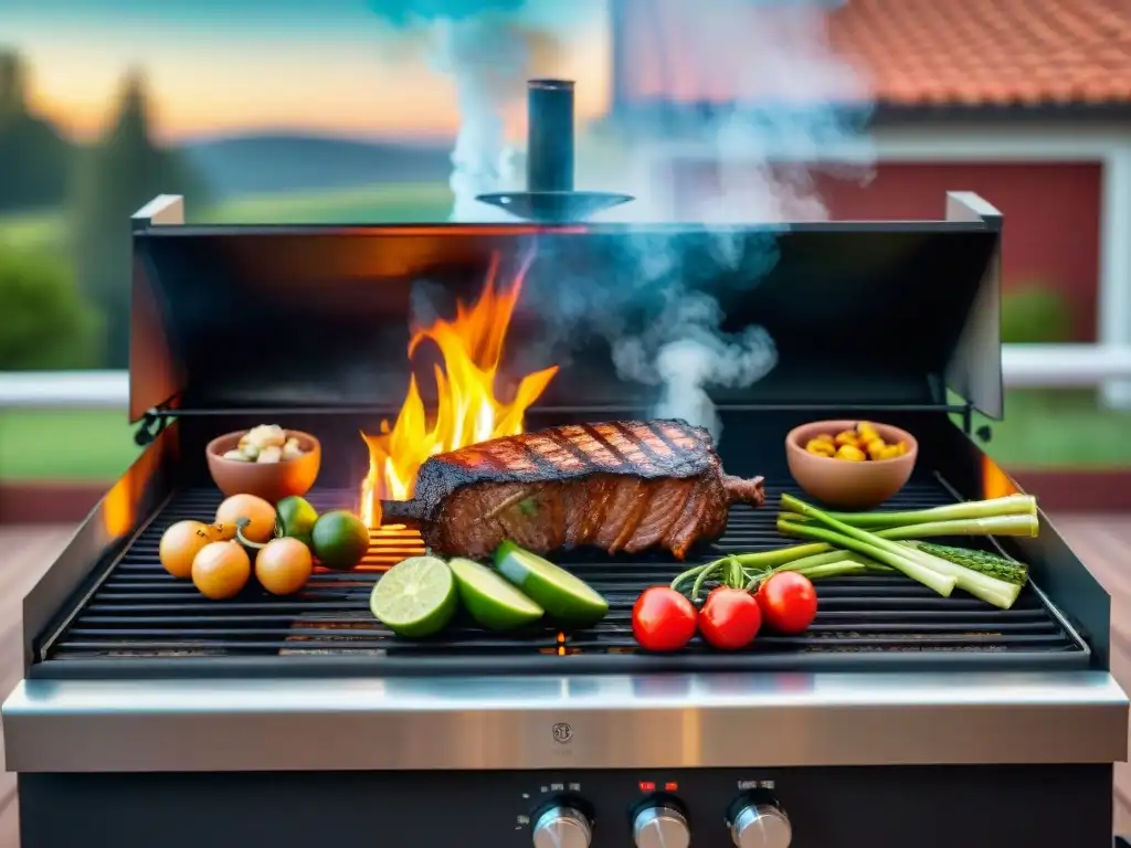 Una parrilla tradicional al aire libre con equipos modernos de sous vide, rodeada de carnes marinadas y vegetales frescos, bajo un vibrante atardecer