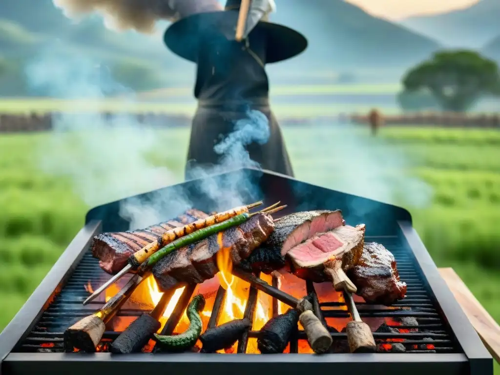 Una parrilla tradicional de asado uruguayo con cortes de carne sizzling sobre brasas, gauchos y paisaje campestre