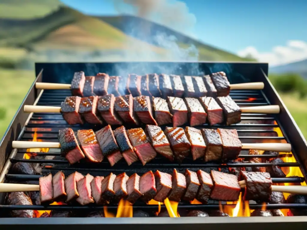 Una parrilla tradicional de asado uruguayo con certificaciones técnicas, rodeada de un hermoso paisaje campestre