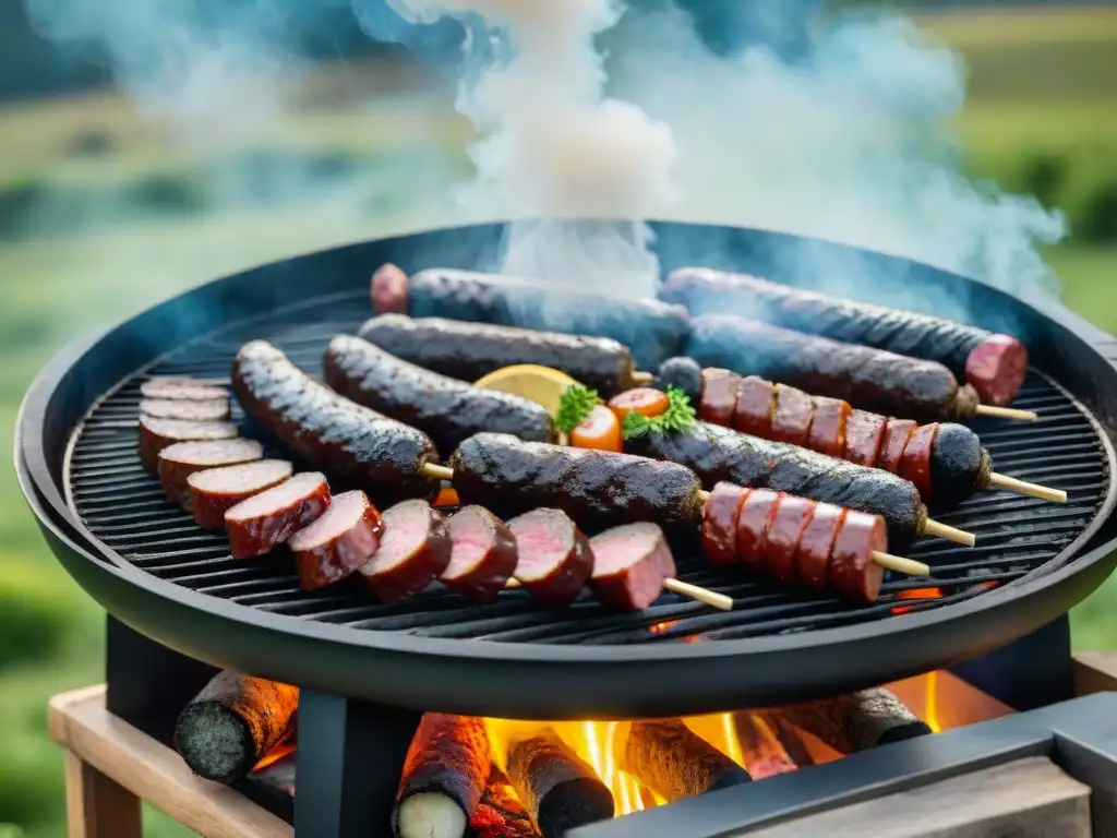 Una parrilla tradicional uruguaya, cargada de cortes de carne, chorizos, morcilla y provoleta, en medio del campo de Cerro Largo