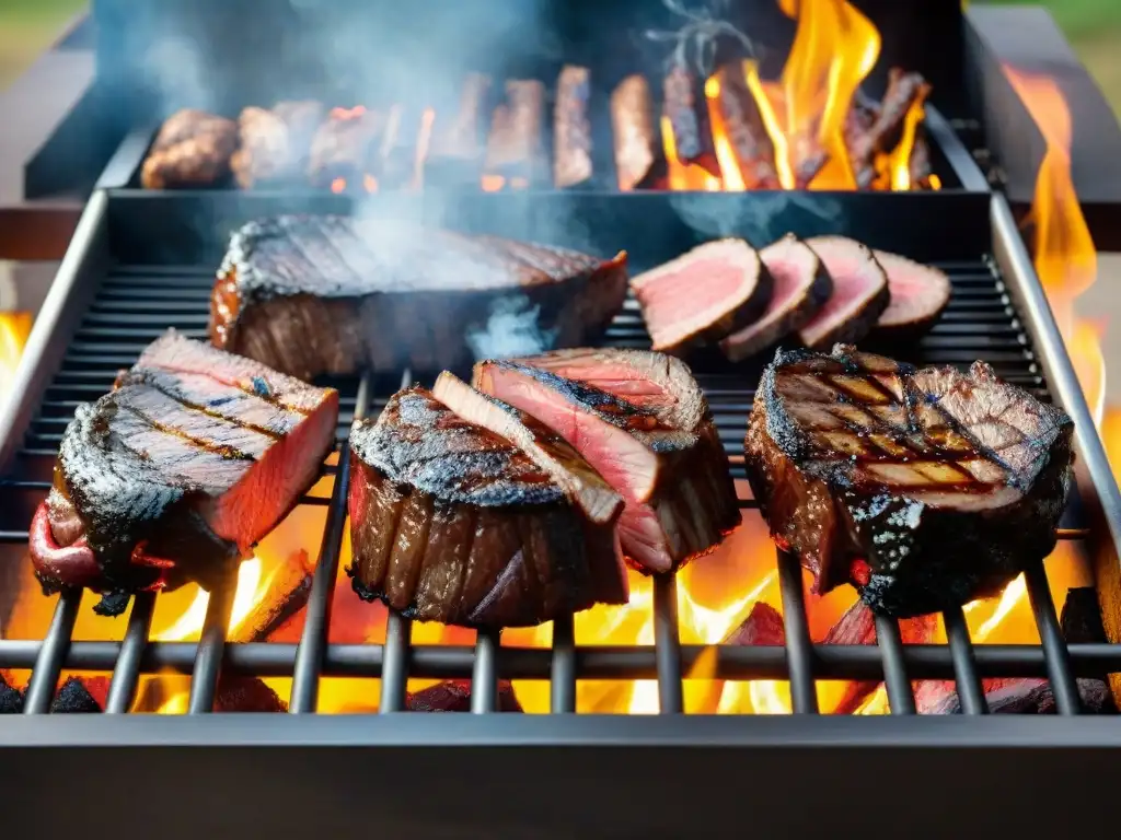 Una parrilla tradicional uruguaya cargada de cortes de carne ahumada