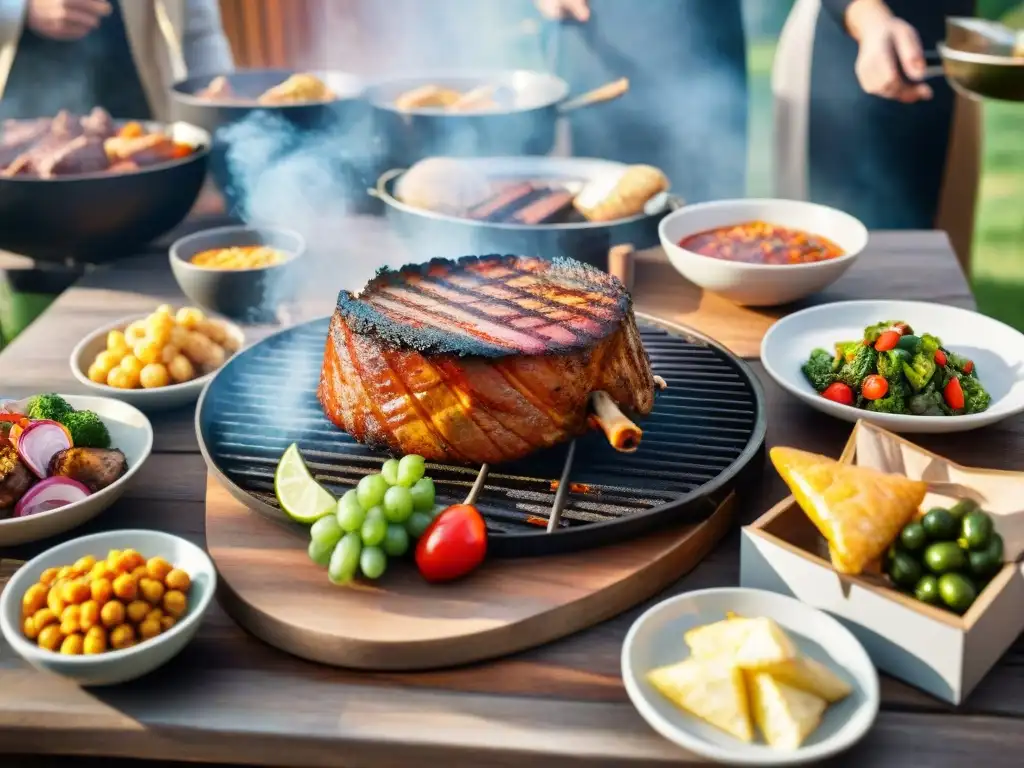 Una parrilla tradicional con carne ahumada rodeada de amigos y familiares disfrutando