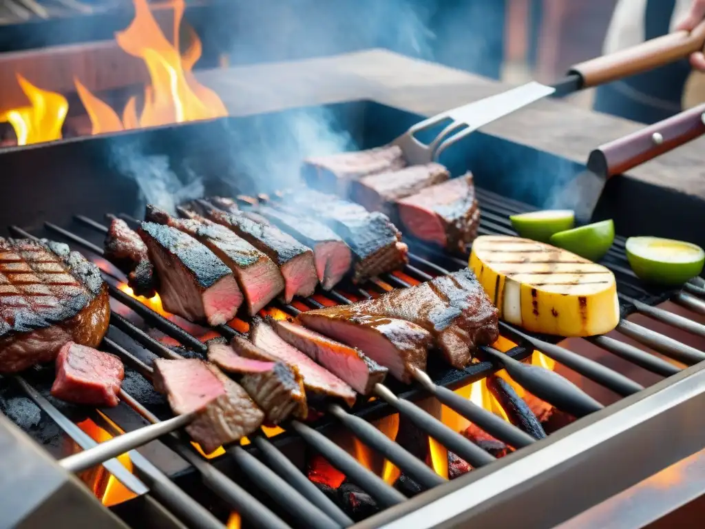 Una parrilla tradicional uruguaya con cortes de carne cocinándose a la perfección sobre brasas, mientras un hábil asador supervisa el proceso