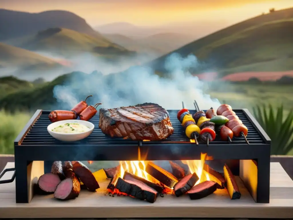 Una parrilla tradicional uruguaya con cortes de carne, gauchos y paisaje campestre al atardecer