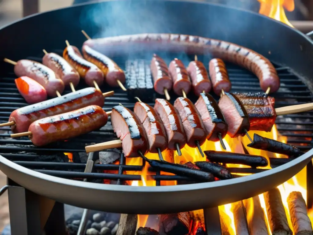 Una parrilla tradicional uruguaya con cortes de carne sizzling sobre brasas, en escenario rústico con influencia italiana