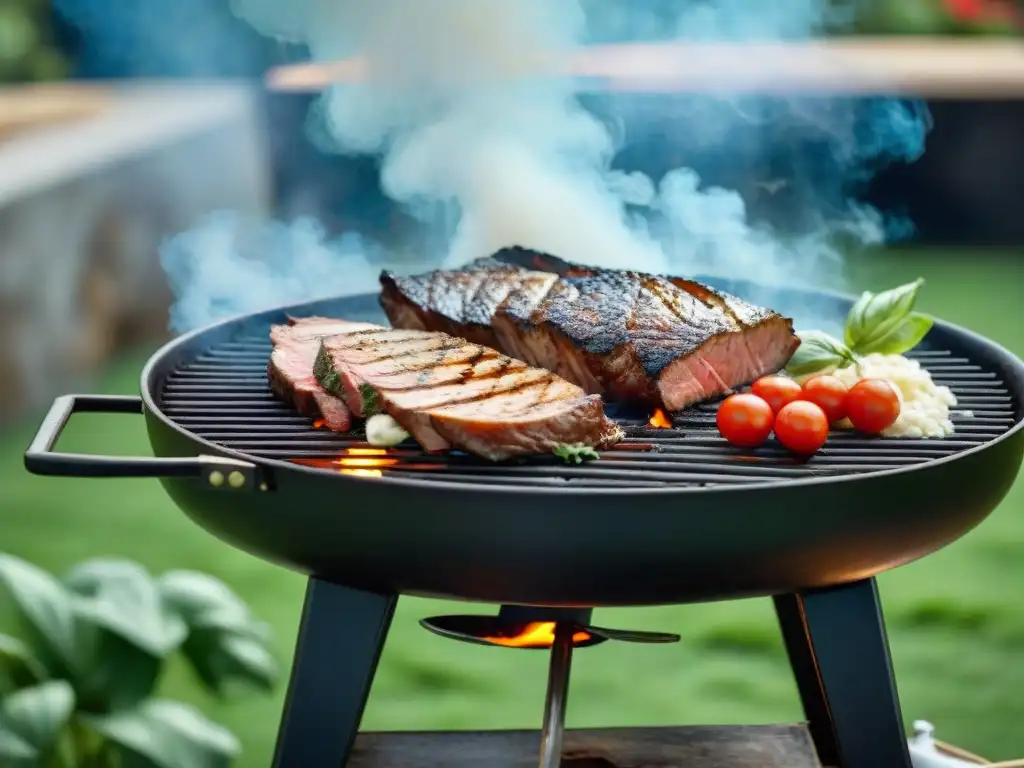 Una parrilla tradicional uruguaya con influencia italiana, rodeada de platos y verduras frescas, cocinando a la perfección sobre las brasas