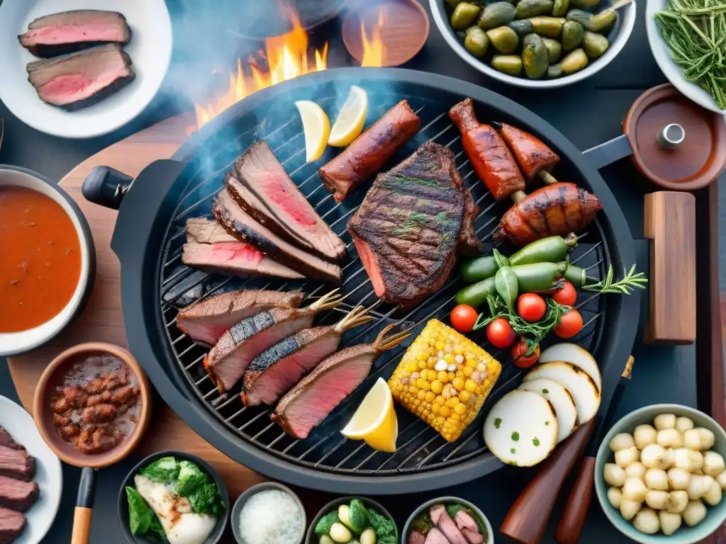 Una parrilla tradicional uruguaya llena de carne suculenta, rodeada de amigos y familia disfrutando de un animado asado en el campo