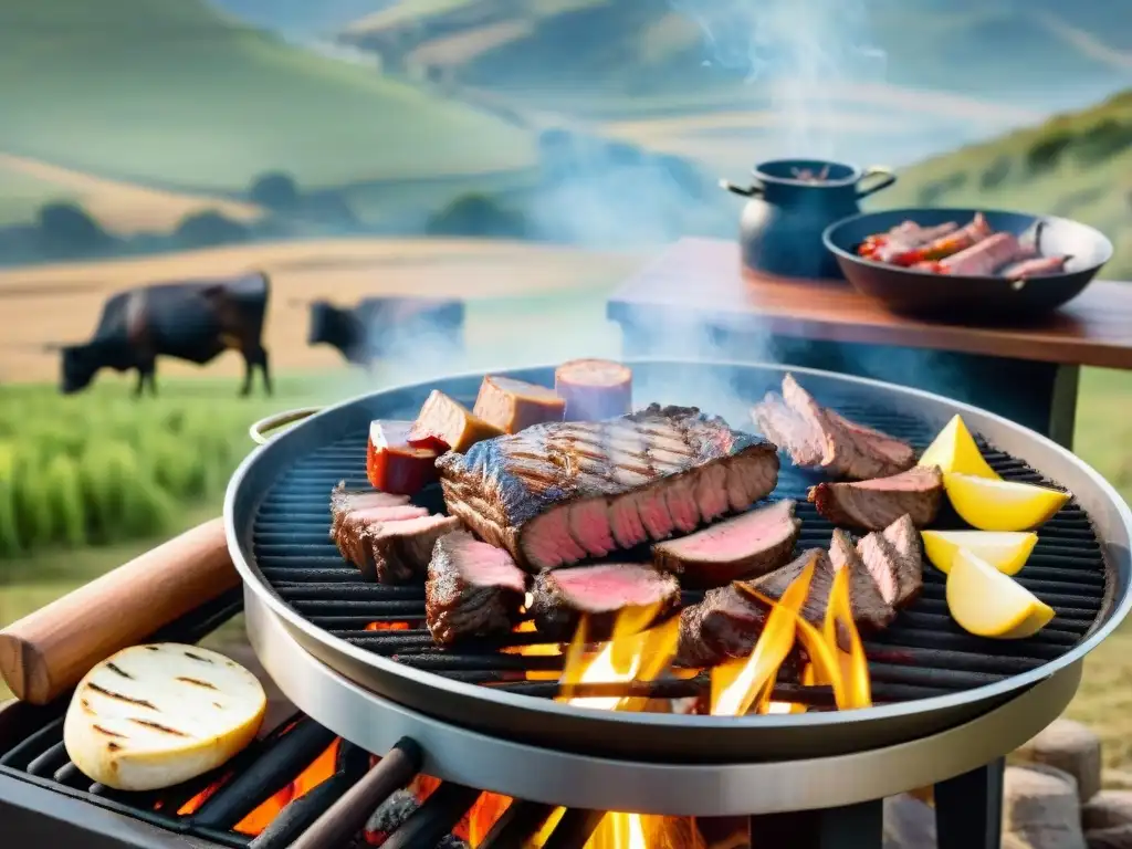 Una parrilla tradicional uruguaya en un paisaje campestre, rodeada de colinas, ganado y una casa rústica