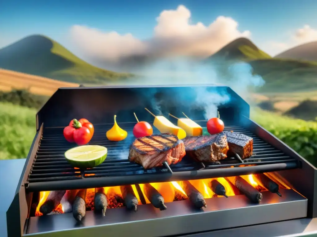 Una parrilla tradicional uruguaya con paneles solares integrados, cocinando con energía solar