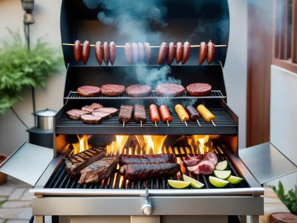 Una parrilla tradicional uruguaya en un patio encantador con amigos disfrutando de técnicas revolucionarias para asado en patio