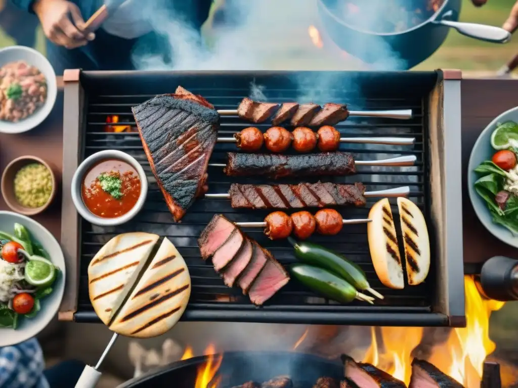 Una parrilla tradicional uruguaya repleta de deliciosas carnes asadas rodeadas de chimichurri y ensaladas frescas