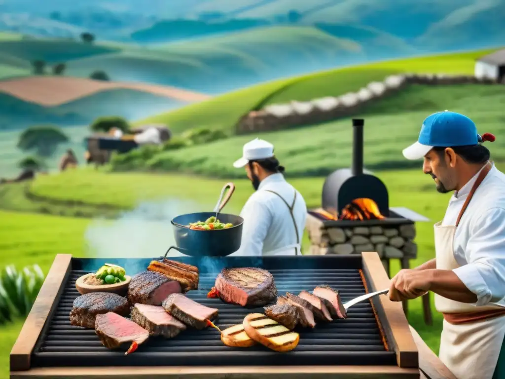 Una parrilla tradicional en Uruguay rodeada de chefs preparando un asado, reflejando la esencia de Asados de Autor en Uruguay