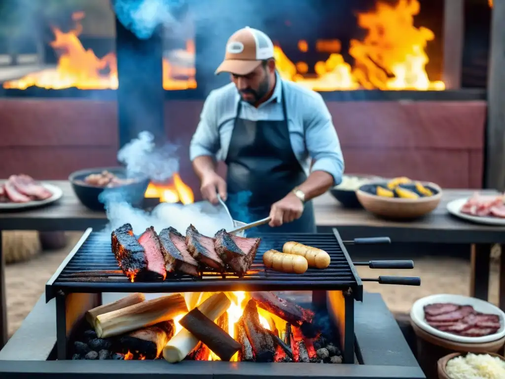 Una parrilla tradicional uruguaya rodeada de cortes de carne cocinándose a la perfección en un ambiente rústico con gauchos