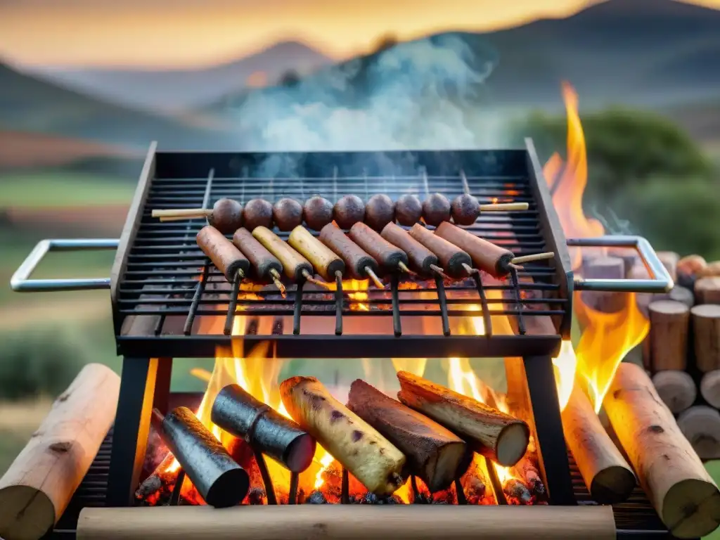 Una parrilla tradicional uruguaya rodeada de tipos de maderas para asado, con un asador experto y el calor de las brasas al atardecer