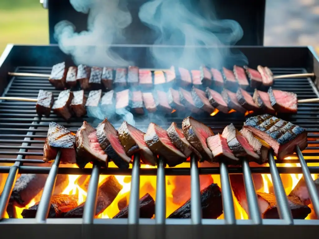 Una parrilla tradicional uruguaya brillando bajo el sol, con steaks asándose sobre brasas mientras el humo se eleva