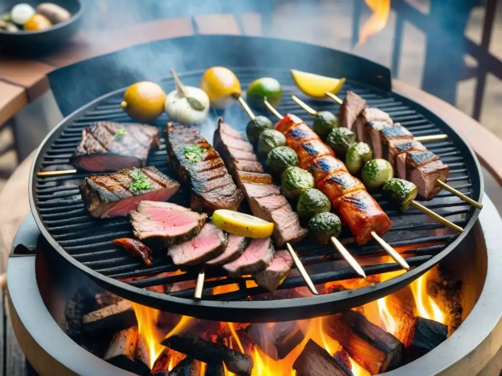 Una parrilla tradicional uruguaya con técnicas de asado uruguayo tradicionales, carnes sizzling y amigos esperando