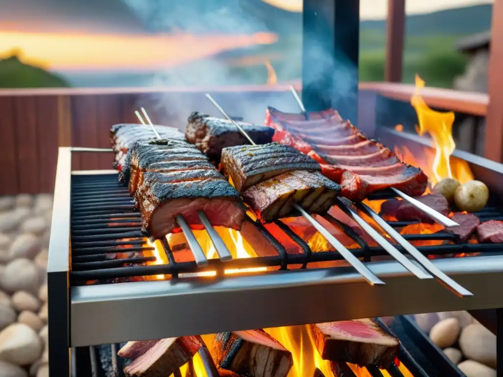 Una parrilla uruguaya con asado de tira, vacío y chorizo, en un entorno rústico al atardecer, evocando técnicas de asado uruguayas