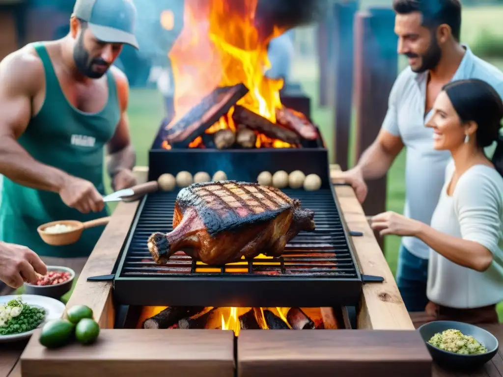 Reunión alrededor de una parrilla uruguaya, resaltando los beneficios sociales del asado uruguayo