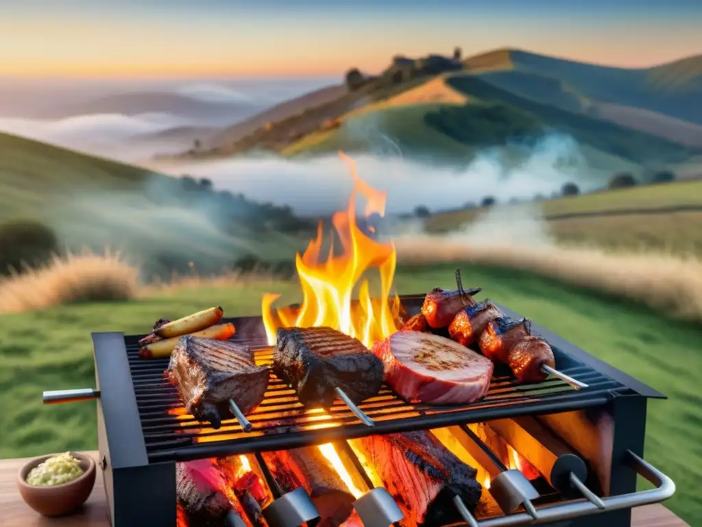 Una parrilla uruguaya en el campo al atardecer, con amigos y familia disfrutando de un asado, creando una atmósfera acogedora