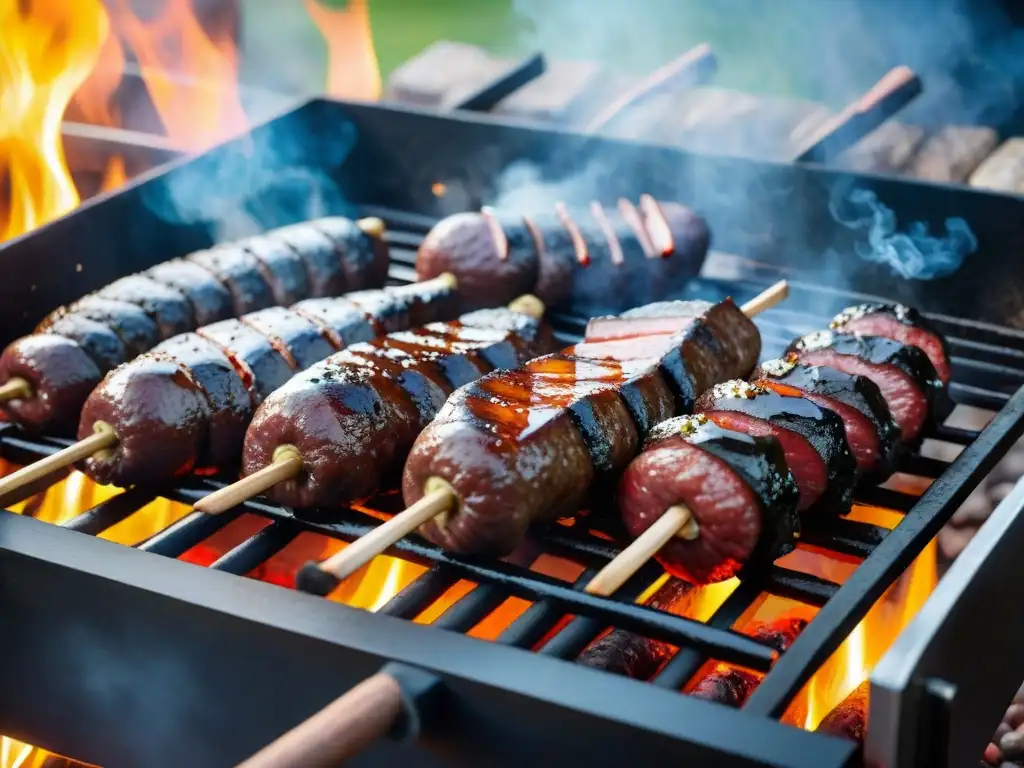 Una parrilla uruguaya cargada de carne y embutidos asados, rodeada de humo y brasas, en un paisaje campestre