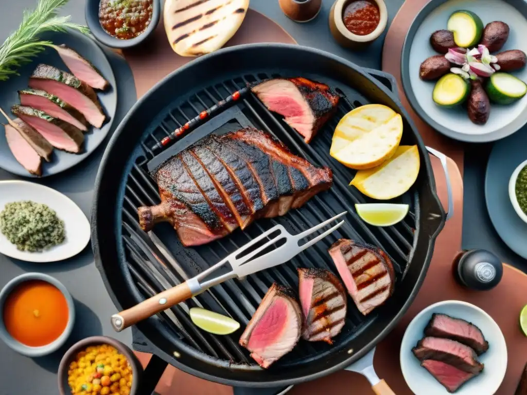 Una parrilla uruguaya cargada de carne jugosa sizzling sobre brasas