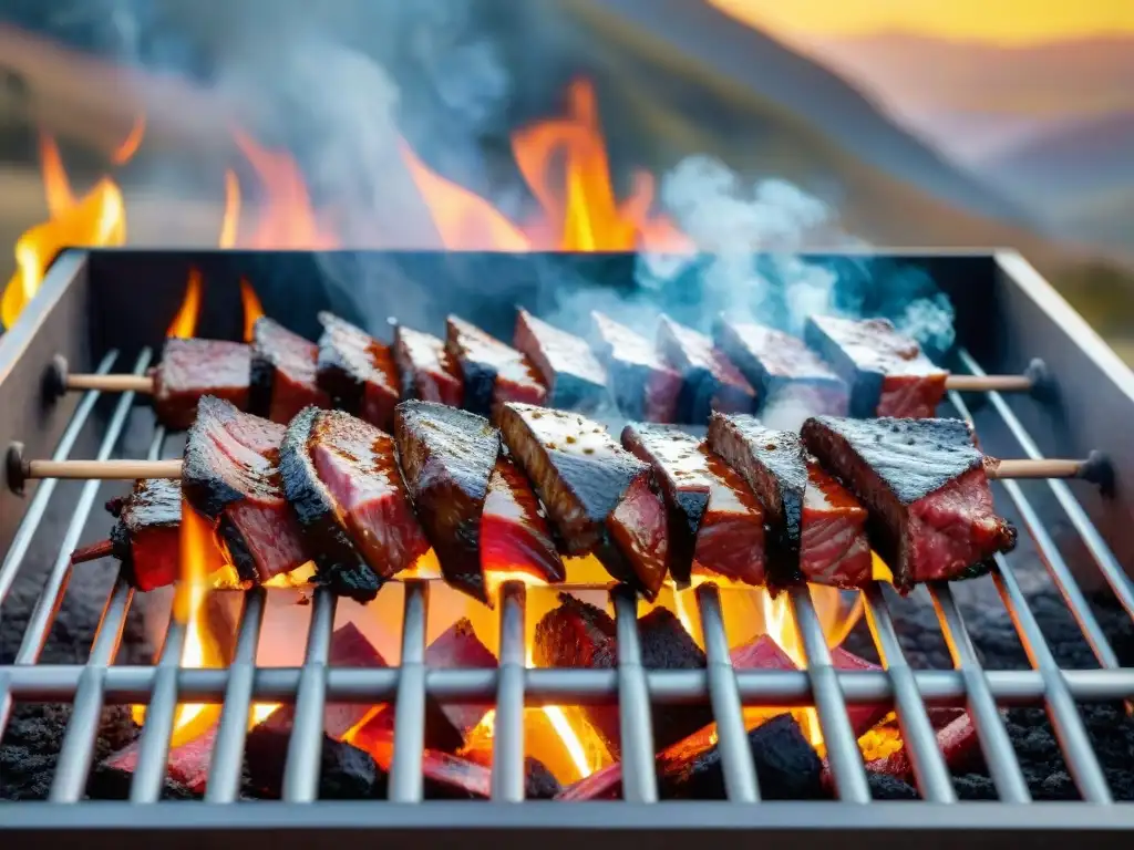 Una parrilla uruguaya cargada de carne rodeada de brasas brillantes y humo, en el campo al atardecer