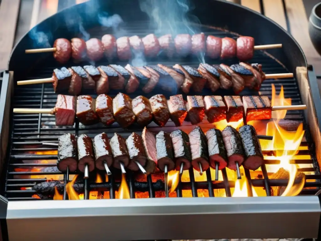 Una parrilla uruguaya cargada de carnes asadas en técnicas ancestrales asado uruguayo