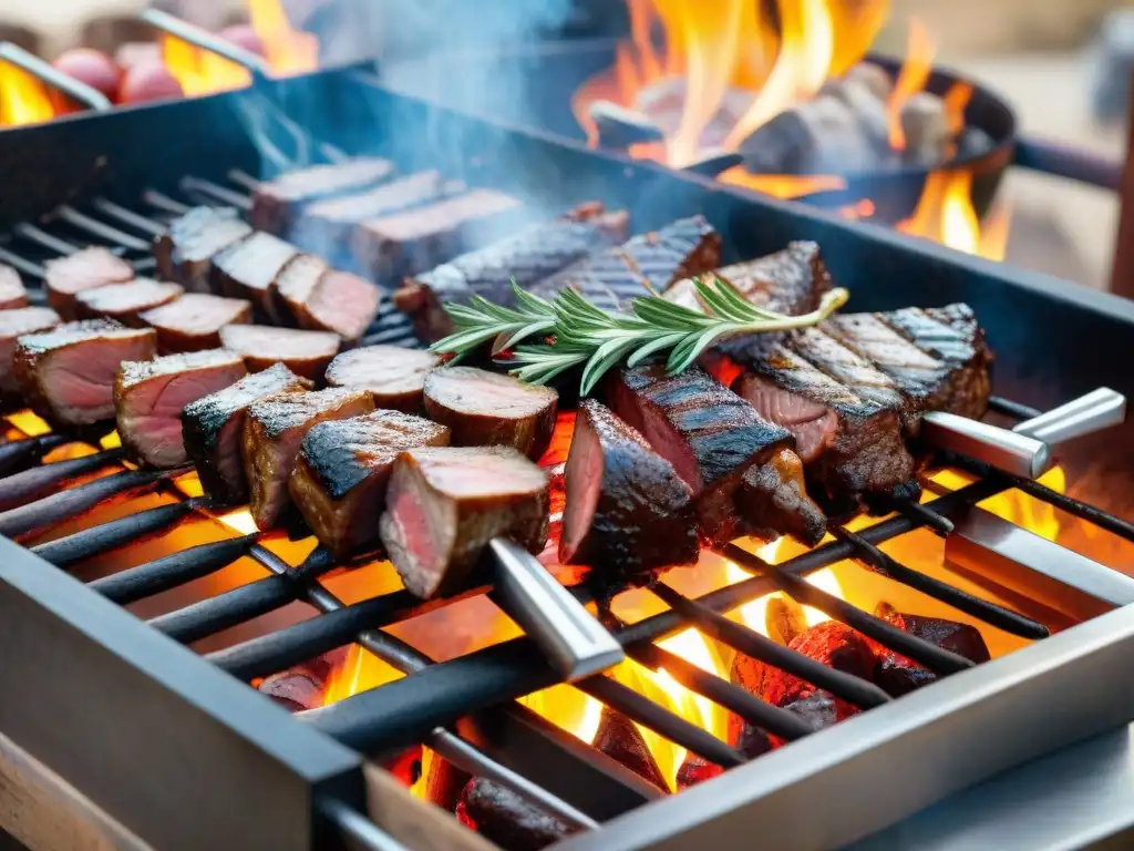 Una parrilla uruguaya cargada de carnes exclusivas asado en una fiesta al aire libre