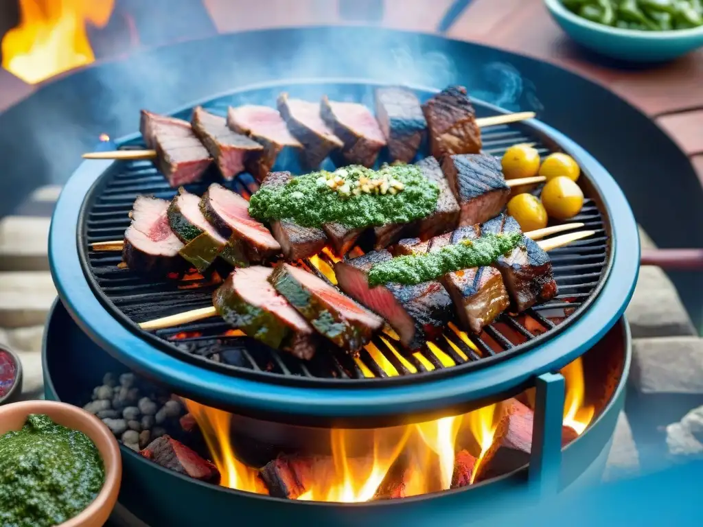 Una parrilla uruguaya cargada de suculentas carnes rodeada de chimichurris coloridos bajo el cielo azul