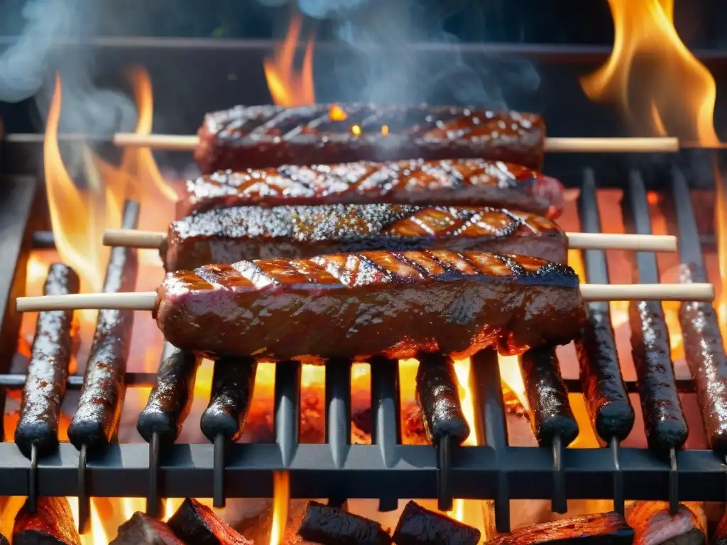 Una parrilla uruguaya cargada de cortes de carne, chorizos y morcillas rodeada de brasas y humo