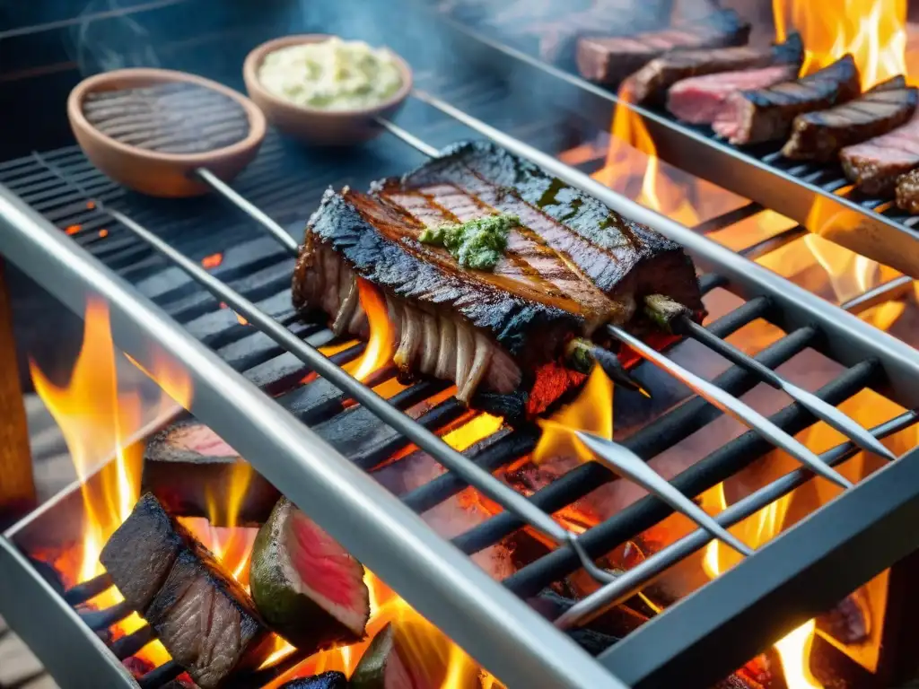 Una parrilla uruguaya cargada de cortes premium sobre brasas, creando un espectáculo culinario