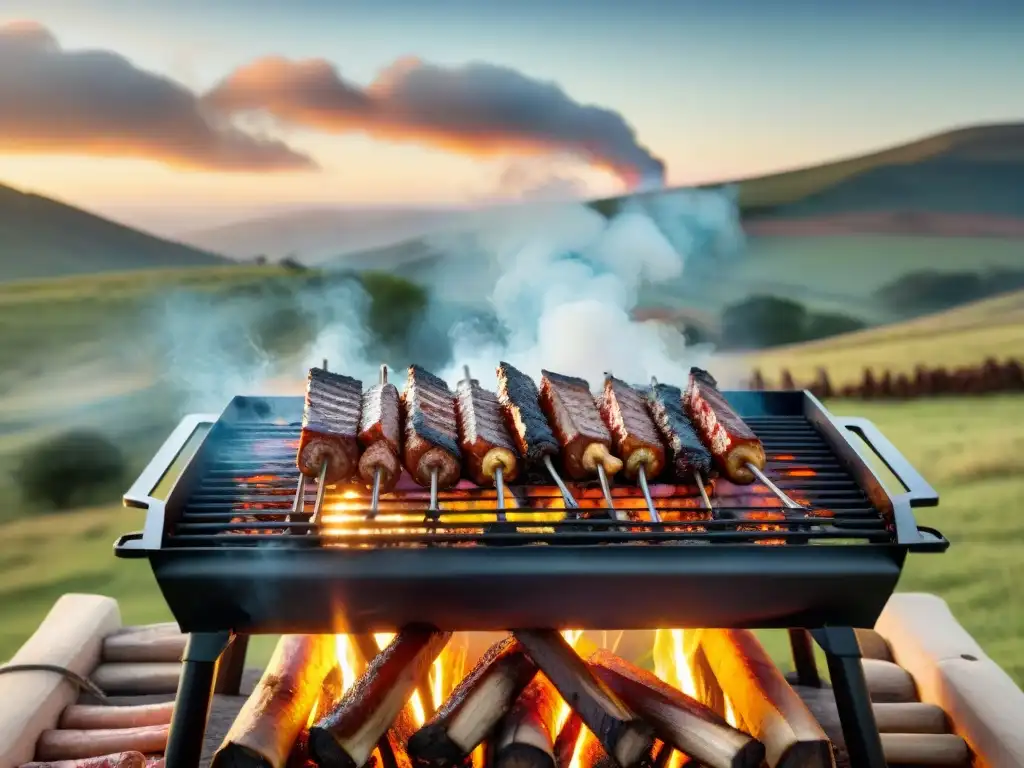 Una parrilla uruguaya cargada de cortes premium en un paisaje campestre, evocando el aroma y sabor del asado