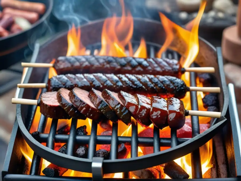 Una parrilla uruguaya cargada de deliciosas carnes asadas rodeadas de brasas y humo, ideal para el mejor asado uruguayo