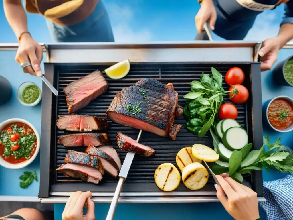 Una parrilla uruguaya con certificaciones de asado uruguayo, rodeada de amigos disfrutando de una comida al aire libre