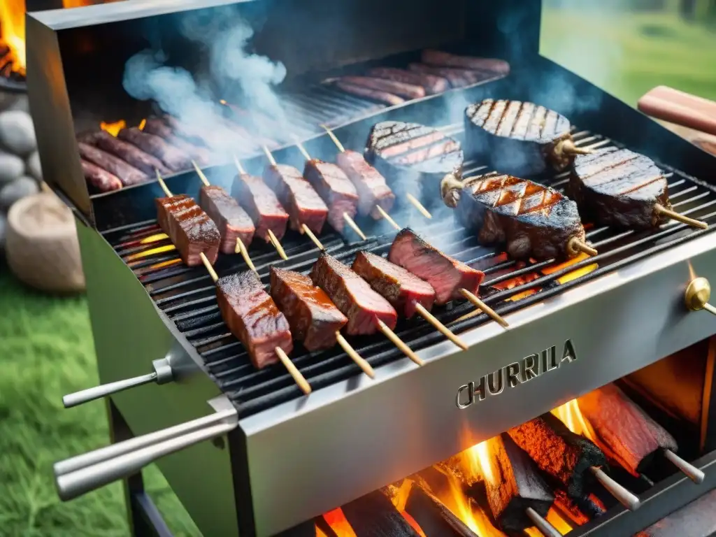 Una parrilla uruguaya con churrasco, morcilla y chorizo rodeada de brasas, evocando las mejores técnicas de asado uruguayo