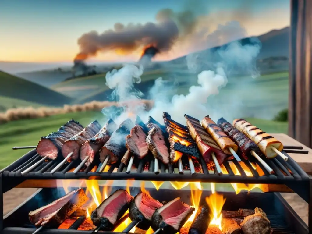 Una parrilla uruguaya con cortes ahumados en la campiña, evocando técnicas tradicionales