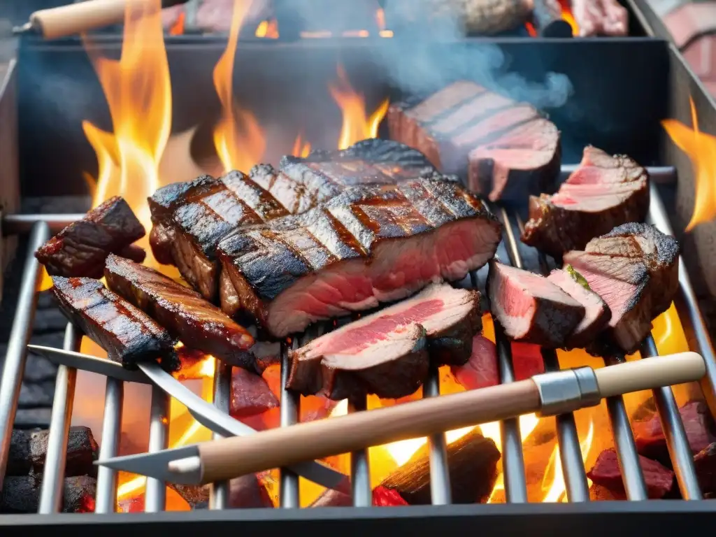 Una parrilla uruguaya con cortes de carne asándose sobre brasas calientes, en un entorno rústico al atardecer