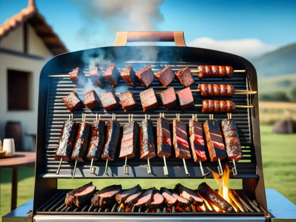 Una parrilla uruguaya con cortes de carne sizzling rodeada de amigos y familia