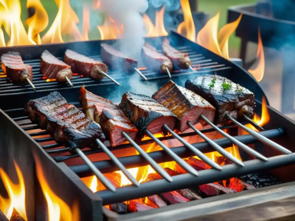 Una parrilla uruguaya con cortes de carne cocinándose al fuego, en un entorno campestre