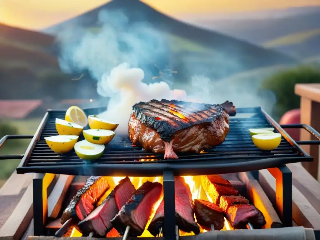 Una parrilla uruguaya con cortes de carne asándose, gauchos y un atardecer vibrante