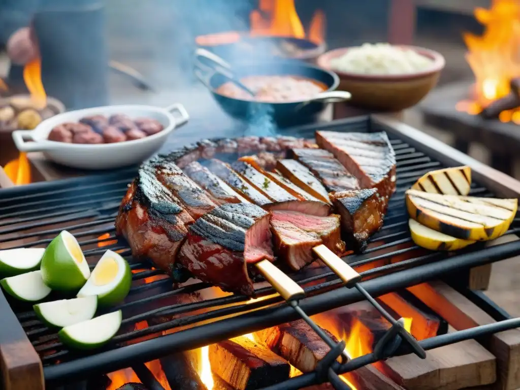 Una parrilla uruguaya con cortes de carne jugosos como vacío, tira de asado y chorizo, en un ambiente rústico